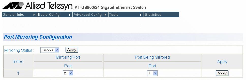 Chapter 17: Port Mirroring Configuring Port Mirroring To set up port mirroring, perform the following procedure: 1. From the Advanced Config menu, select Port Mirroring.