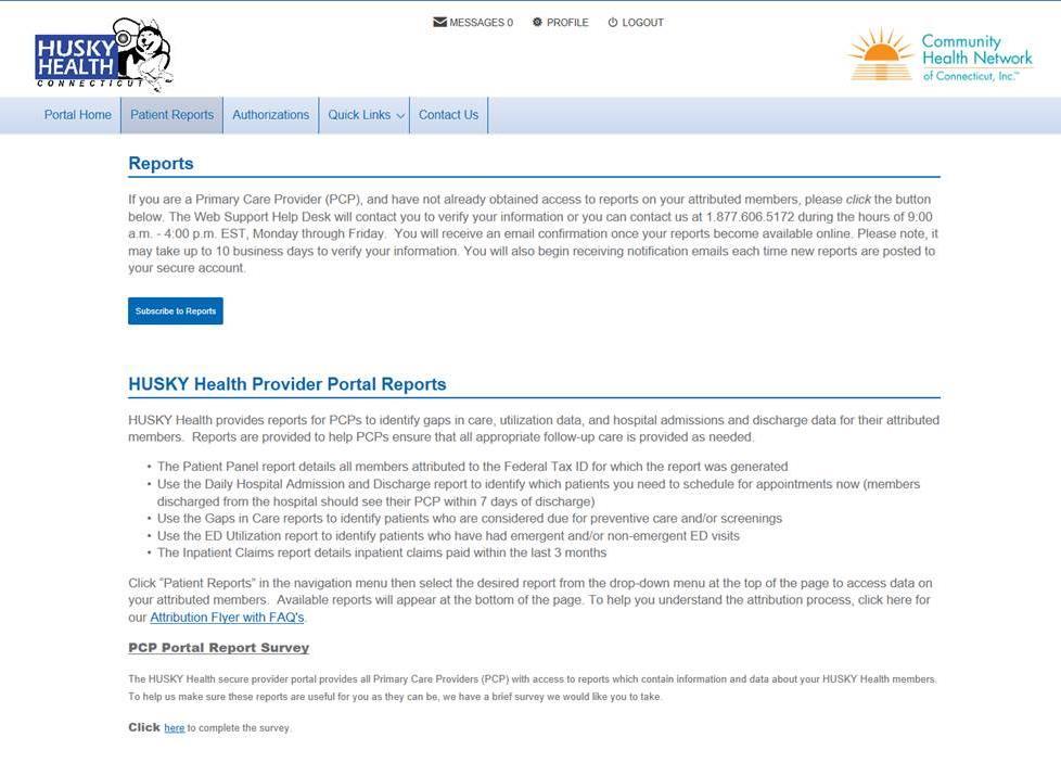Patient Reports: PCPs can view their patient-based reports, which provide valuable information to assist with the management of attributed HUSKY Health patients.