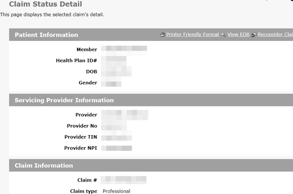 "Claim Status Detail" page After selecting the "Claim #" link you will be directed to the "Claims Status Detail" page.