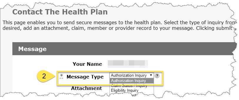 "Contact The Health Plan" page - Message Type Step 2 Select the most appropriate Message Type,