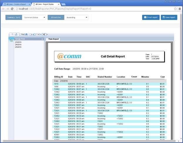 The following screen displays CDR reports