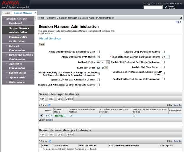 The Session Manager Administration screen is displayed.