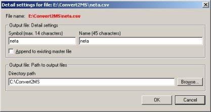 (Detail settings dialog) Command line You can convert ASCII files using the command line. Syntax: Convert2MS.exe -Configuration file name -AsciiFile1 -AsciiFile2 -AsciiFile3 Example: Convert2MS.
