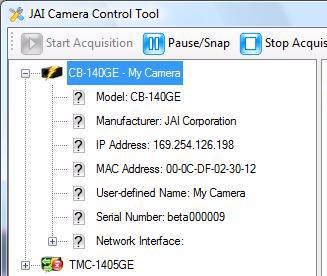 When the JAI Camera Control Tool opens, the only information displayed is the camera model of all found cameras. Click on the plus (+) icon to expand the heading for more details.