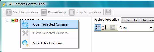 If there is more than one camera present, select the desired camera from the tree view menu. The second choice, Close Selected Cameras, allows undesired cameras to be closed from the tree view menu.
