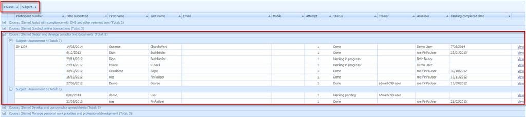 4. To group assessment results using multiple categories, drag more than one header to the top row of the table in the order you want to group the results.
