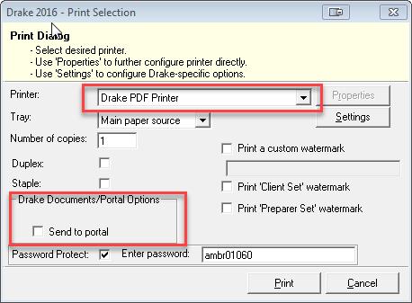 Select Print Selected Form(s) to PDF document. 3) Next, the print dialog box is opened. Notice that the printer selected is the Drake PDF Printer. 4) Click Print.