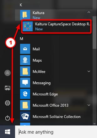 If you wish to launch CaptureSpace Lite from your computer rather than logging into D2L to access the tool, you can also find the Kaltura CaptureSpace Desktop Recorder tool in the Start menu under