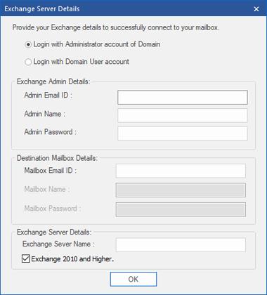 6. Enter the required Exchange Mailbox details in their respective fields to connect to your mailbox on the exchange server. 7.