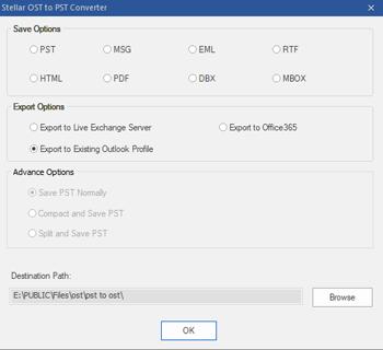 Export PST file to Existing Outlook Profile To export PST files to Existing Outlook profile: 1. Run Stellar OST to PST Converter - Technician software. 2.