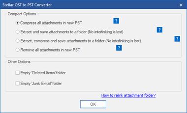 Compress all attachments in new PST You can use this option to compress all the attachments of the emails in the new PST file. The compressed attachments get remained in the PST file.