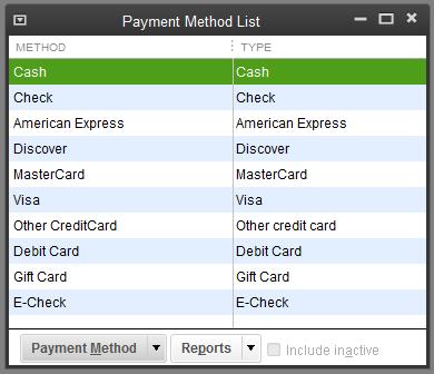 QuickBooks Payment Methods epnplugin is designed to respond to the QuickBooks Payment Method. As the default, the epnplugin is set to only respond to credit card payments.
