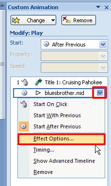 On the Effect tab, under Stop playing, click After, and then select the total number of slides on which the file should play, for this