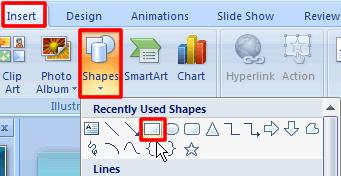 With the Insert tab selected click on Shapes then select the rectangle shape located in the first row.