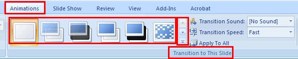 To set the slide transition speed between the current slide and the next slide, in the Transition To This Slide group, click the arrow next to Transition Speed, and then select the speed that you
