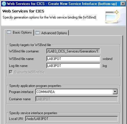 13. Accept the default WSBind file name of LAB3POT, and the Program interface of COMMAREA, and then click Next, as shown in Figure 26.