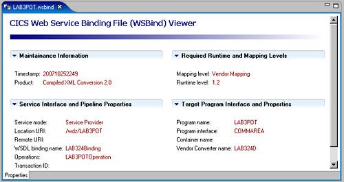 contents of the WSBind file. Note the Service Interface and Pipeline properties, as well as the Target Server program to be invoked (LAB3POT) using COMMAREA., as shown in Figure 33.