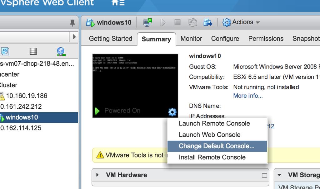 are two VM consoles (Web Console and VMRC)