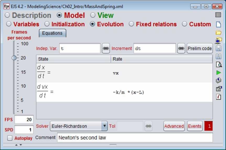Figure 4: The ODE evolution panel showing the mass and spring differential equation and the numerical algorithm.