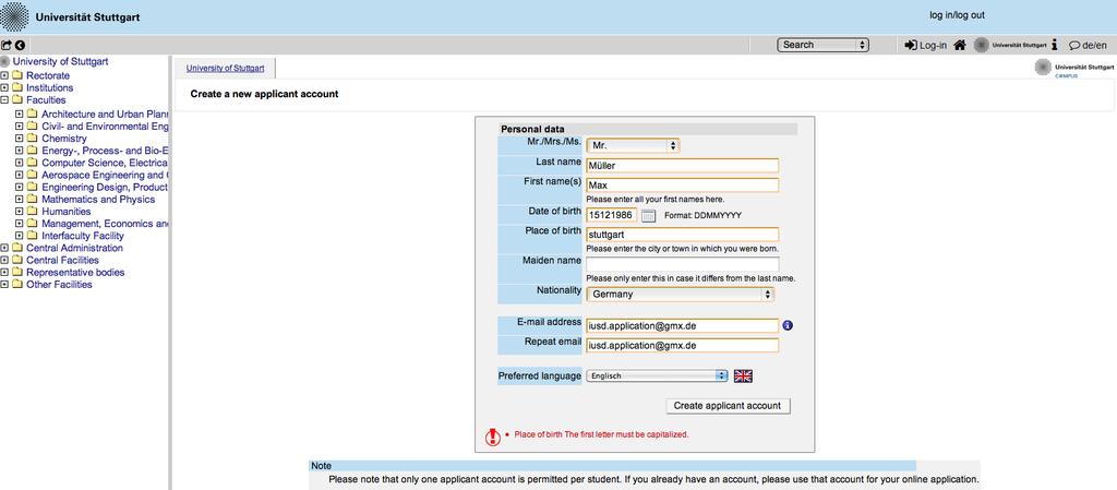 Now you can insert your data in order to create an applicant account.