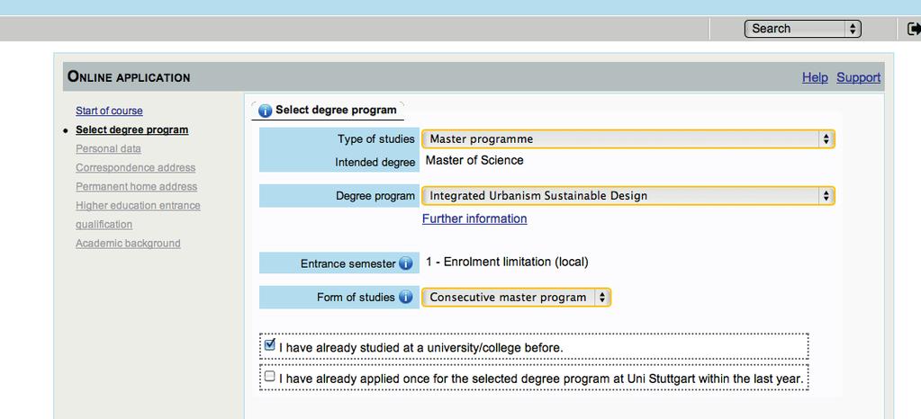 APPLICATION Step 10 Start of course Please select the degree program as shown in the picture above: Master program > Master of Science