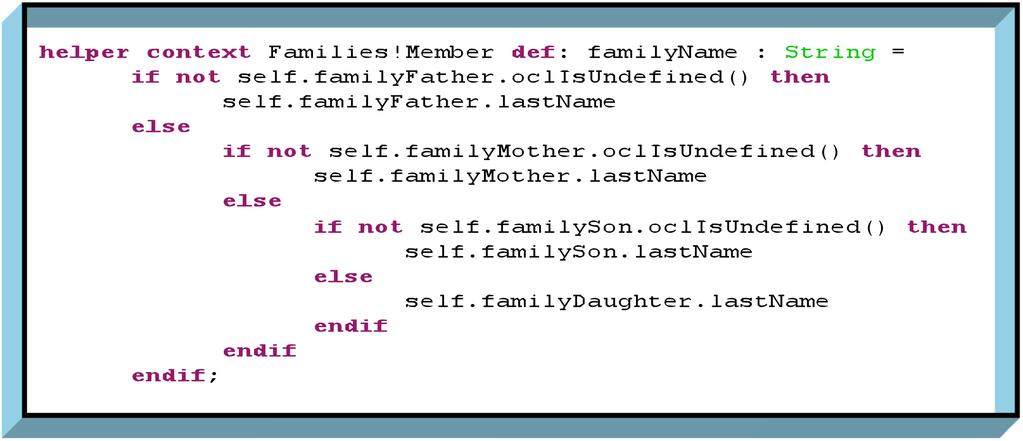 Writing a First Transformation with ATL Families-to-Persons Simple Example The family name is not directly contained in class Member.