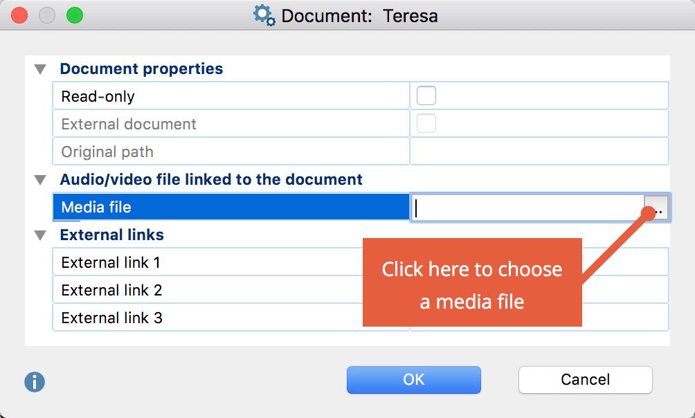 Assigning audio/video files to a text document You can also assign a media file to an existing text document. To do this, right-click on the document in the "Documents System" and select Properties.