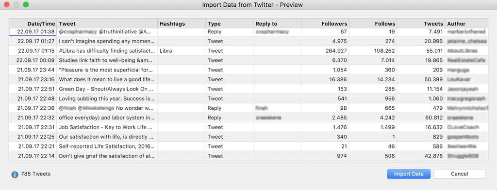 Preview of search results When you click Import data, MAXQDA will begin the importing the tweets. Note: Imports are limited to 10,000 tweets.