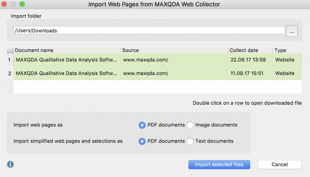 Select Documents > Import web pages from MAXQDA Web Collector in the main menu.