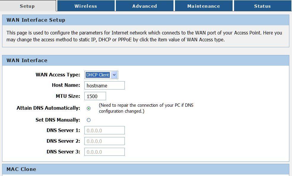 5.1.2 Network (WANSettings) KW55293 supports three types WAN connection.they are DHCP,Static IP,PPPOE, Select any of them you will be able to configure the corresponding connection of WAN.