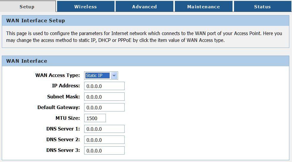 5.1.4 Static IP If your ISP provides a static or fixed IP Address, Subnet Mask, Gateway and DNS setting, select Static IP. The Static IP settings page will appear.