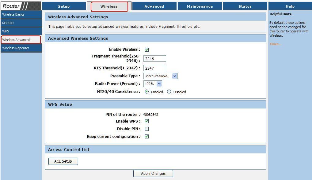 5.2.4 Wireless Advanced Choose menu Wireless Wireless Advanced, you can configure the wireless advanced Settings on the page as shown: Enabled Wireless: Enabled or Disabled wireless function