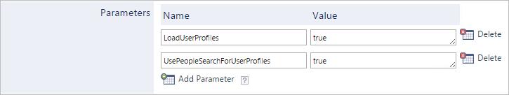 8541+ (September 2016) When you create a SharePoint search service application to list your user profiles, you must add the following hidden parameters (see LoadUserProfiles and