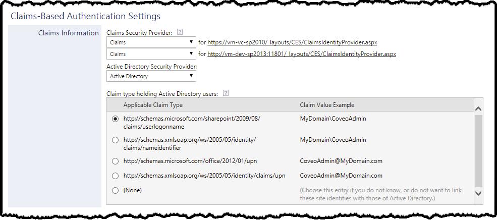 a. Coveo.NET Front-End 12.0.1633+ (September 2016) In the Claims Security Provider drop-down lists, select the claims security providers that you created for these Claims-based Front-End servers.