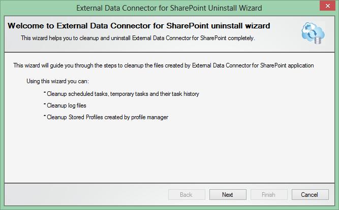 1. Launch the uninstall wizard by clicking Start -> Programs -> External Data Connector for SharePoint ->
