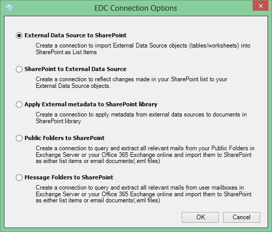 Create a New Connection You can create a connection to integrate data from various external data sources such as Databases, SharePoint, CSV, XLSX into SharePoint 2013, SharePoint 2010, and SharePoint