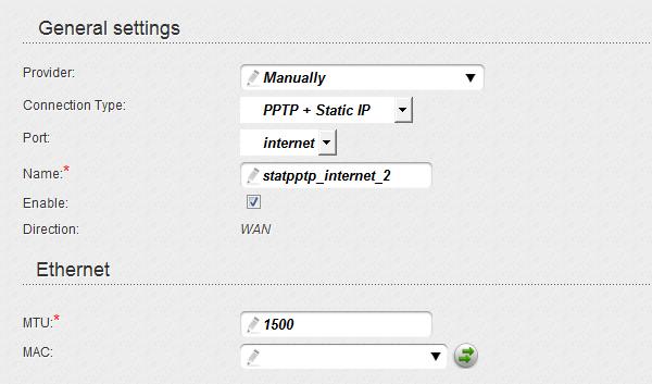 Creating PPTP + Static IP or L2TP + Static IP WAN Connection To create a connection of the PPTP + Static IP or L2TP + Static IP type, click the Add button on the Net / WAN page.