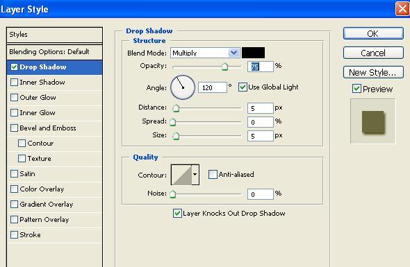 Add a drop Shadow to Ball: 1. Select layer with ball. 2. Click on Add a Layer Style icon and choose Drop Shadow or click on top menu Layer>Layer Style>Drop Shadow 3. The following screen will appear.