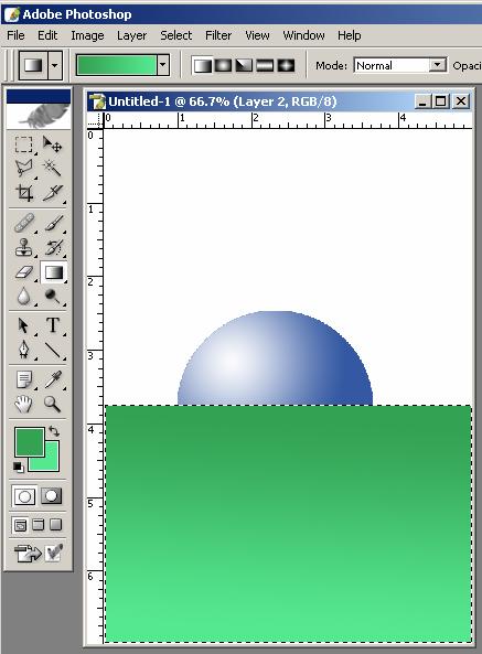 Move ball and shadow to bottom of page using the Move Tool 3. Select two shades of green for foreground (dark) and background (light) of grass. 4. Create new Layer. 5.