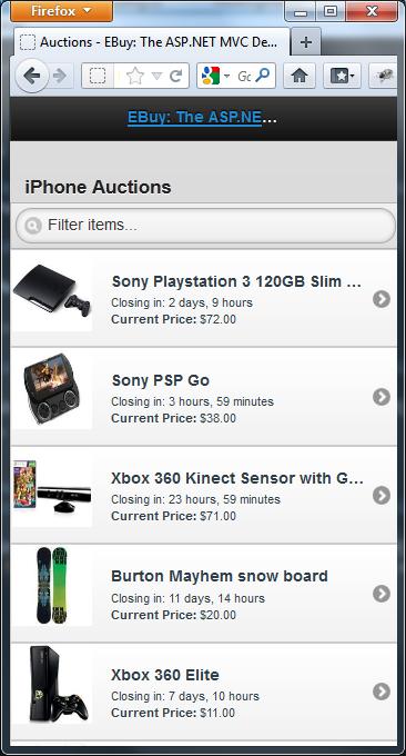 Now, create an iphone-specific view by copying Auctions.mobile.cshtml and renaming it to Auctions.iPhone.cshtml. Then change the title to iphone Auctions to distinguish it from the mobile view.
