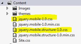 Figure 10-14. The new project s Content folder The Scripts folder contains two new files, as you can see in Figure 10-15: jquery.mobile-1.1.0.js jquery.mobile-1.1.0.min.js Figure 10-15.