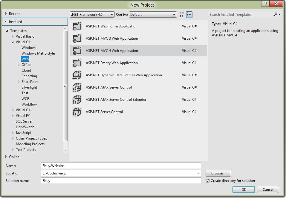 Figure 1-2. Creating the EBuy project When you click OK to continue, you ll be presented with another dialog with more options (see Figure 1-3). This dialog lets you customize the ASP.