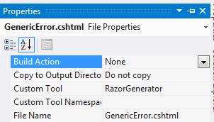 Figure 15-4. Setting the RazorGenerator Custom Tool property Completely replace any content in the new GenericError.