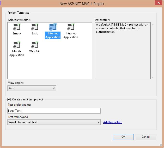 The first way is to check the Create a unit test project checkbox in the New ASP.NET MVC 4 Project dialog (Figure 17-1), which will automatically create the unit test project and add it to your ASP.