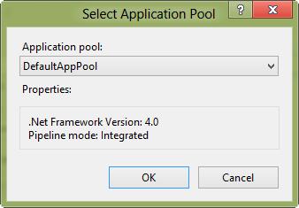 You can feel free to leave the rest of the defaults in this dialog alone, but just for good measure click the Select button next to the Application pool field to pop up the Select Application Pool