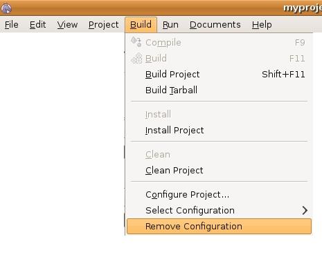 Chapter 5. Usage from Anjuta 5.5 How to build your project To compile your project, follow the next steps. 1. Click on Build Remove Configuration as shown in Figure 5.17 2.