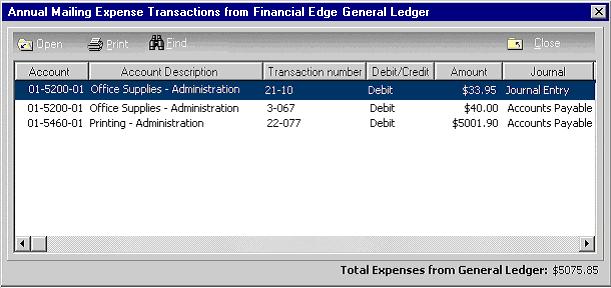 AN INTEGRATED SOLUTION FOR NONPROFITS 55 When you select the <Unknown> row and click Open on the action bar, the Expense Transactions from Financial Edge General Ledger screen appears displaying
