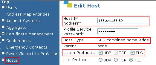 6.3. Add Host Screen The Host IP Address field contains the IP address for this combined home/edge server. This was 135.64.186.89. The Profile Service Password is for permissions between SES hosts.