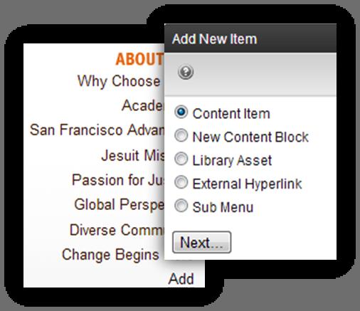 Add Menu Items 10 Menus require a certain level of permission to access and modify. The left or horizontal navigation menus are typically for a School/Division.