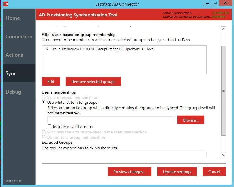 Configure Groups and Filters When you are done configuring the Actions, click Sync to configure the fields, groups and users that you would like to sync between LastPass and your Active Directory: